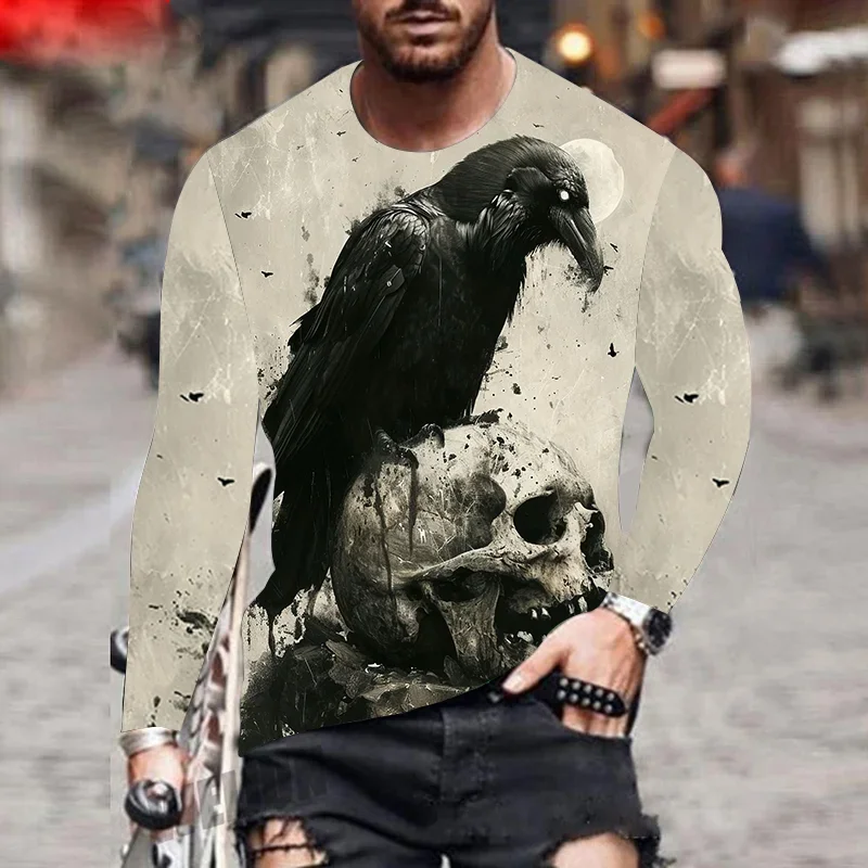 

Мужская футболка в готическом стиле с 3D принтом вороны, скелета и черепа, трендовая индивидуальная футболка с длинным рукавом, топ в стиле хип-хоп, винтажная уличная футболка