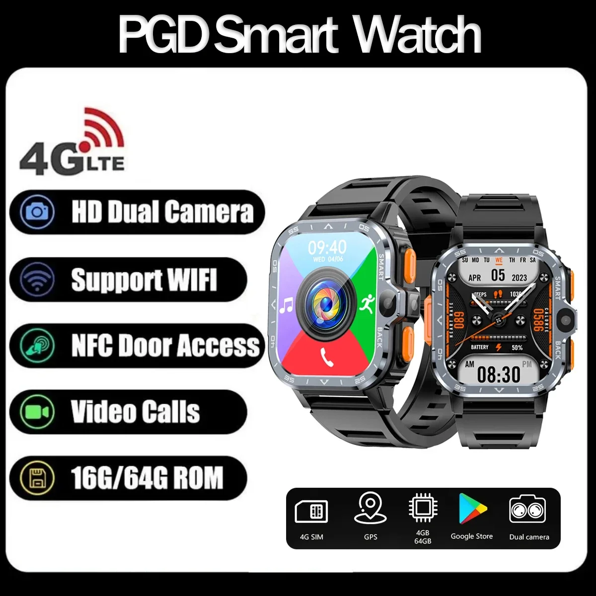 

PGD Black Smartwatch Support 4G Wifi SIM Card NFC Dual Camera Google Play Heart Rate Rugged Android Smart Watch Men