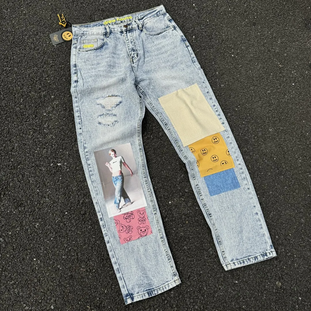 Drew House Smiley All-Over Print Patchwork Ripped Jeans Loose Fit Unisex Fashion Korean Style