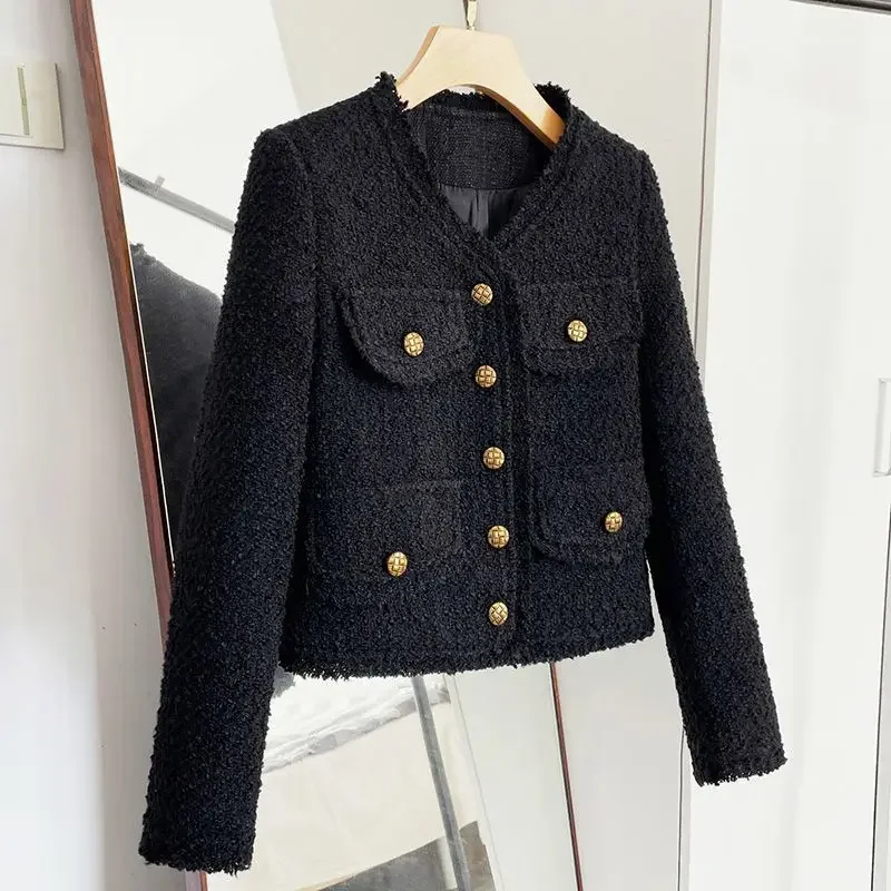 Blazer de Tweed de manga comprida feminino, casaco curto chique coreano, roupa preta para senhora do escritório, botão vintage, primavera, outono,