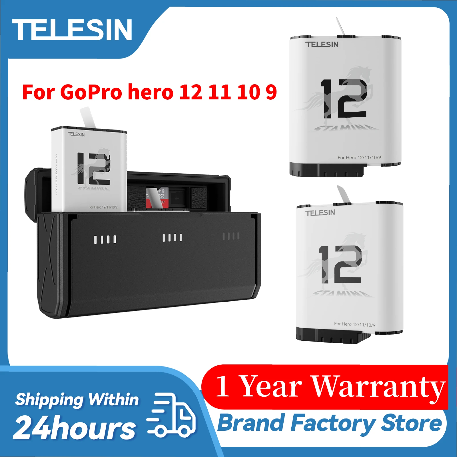 

TELESIN Endurence Battery For GoPro Hero 12 11 10 9 1750 mAh Battery 3 Slots TF Card Battery Storage Charger Box For GoPro 12 11