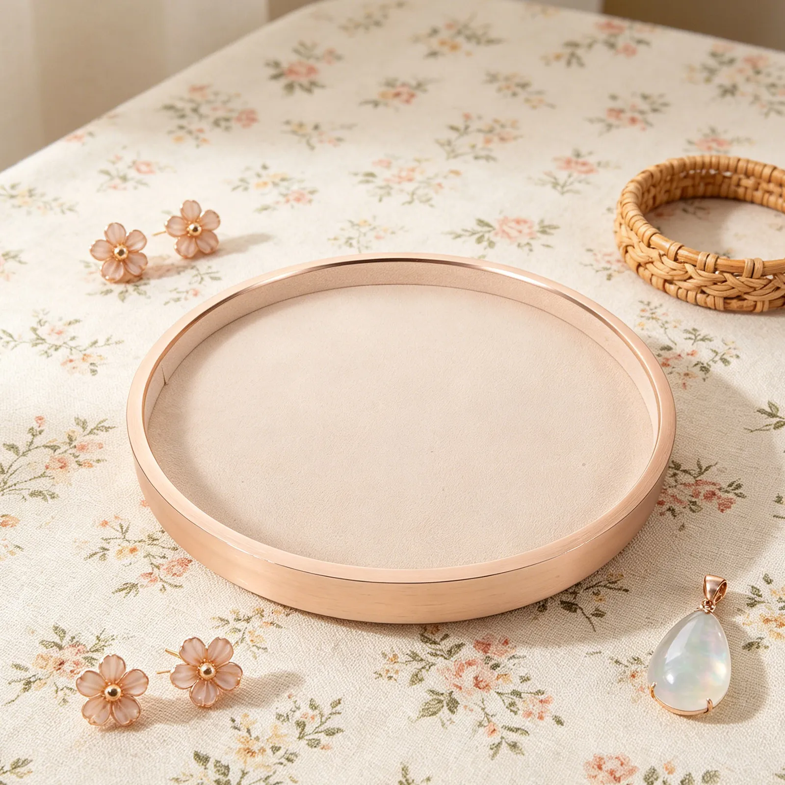 Metal Round Jewelry Tray Beige 11.65 Stylish Organizer Tray for Bracelets Earrings Necklaces Perfume Vanity Table Display