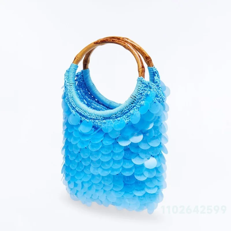 2026 New Retro Blue Niche Pure Handmade Woven Sequins with Super High Appearance Shell Hand Enhances The Texture of Women's Bags