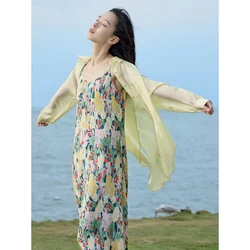INMAN Women Suspended Dress 2023 Summer Sleeveless A-shaped Loose Artistic Pleated Floral Print Yellow Purple Black Skirt