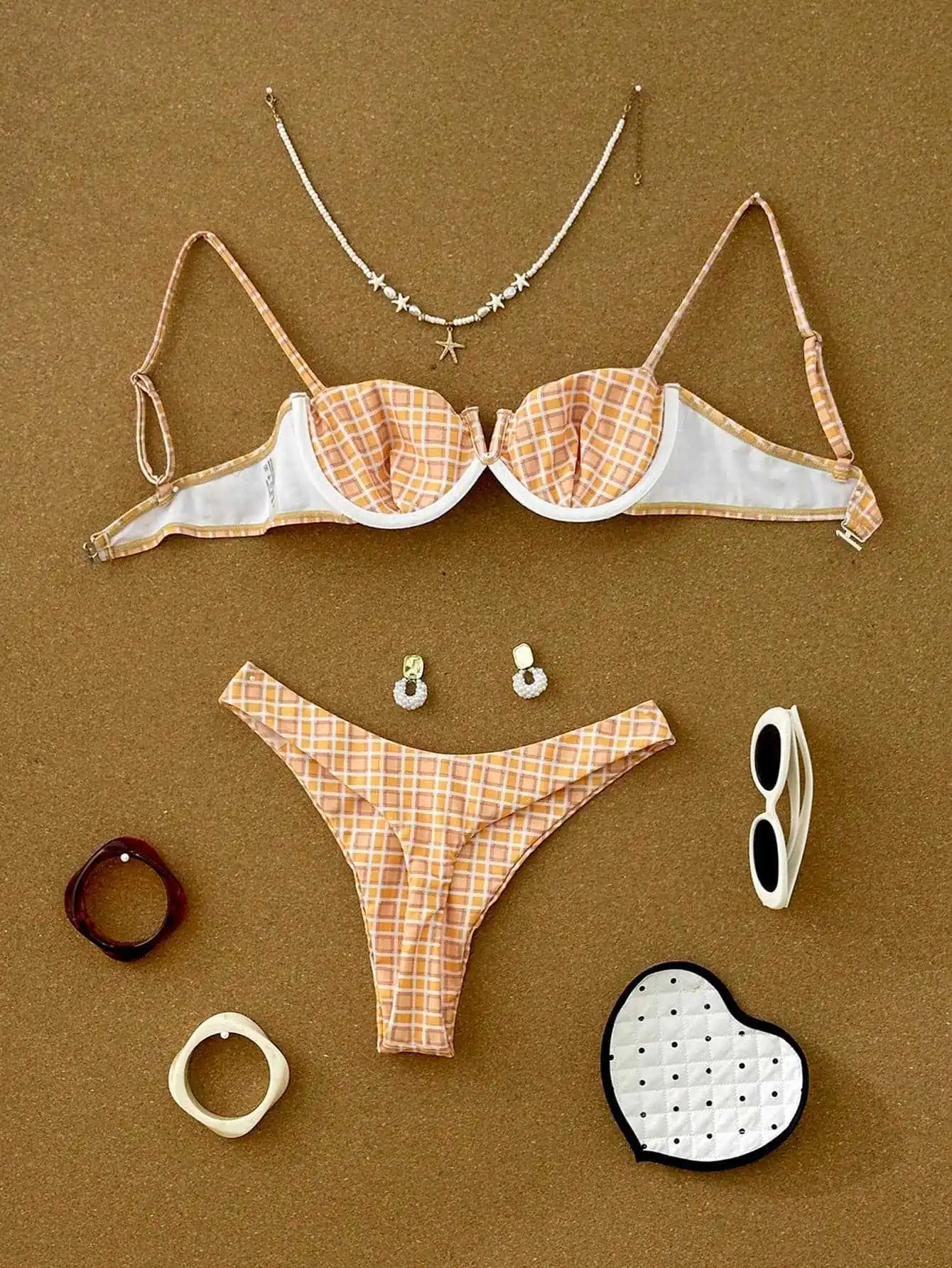 Women Bikini Set Plaid Print Halter V Neck Push Up Padded Swimsuit Sexy High Waist Swimwear Bathing Suit Beachwear