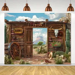 Cowboy photography background, rustic log cabin barn background, polyester, no power, farm Wild West party decorations