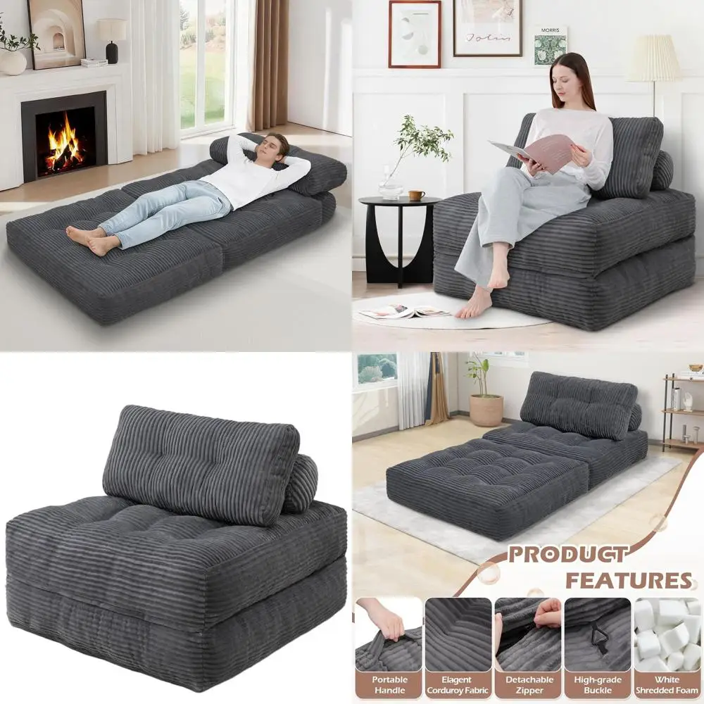 

Серое одноместное раскладное кресло-кровать с подушкой и ручкой, трансформируемое кресло-кровать для портативного использования в качестве лаунж-зоны или для спальни