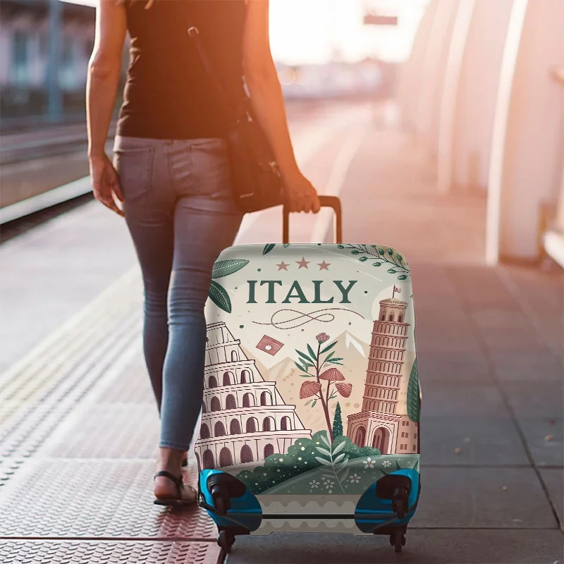 Pokrowiec na walizkę z motywem Włoch, biały ochraniacz na bagaż z Kołoseum, wieżą giętą w Pizie i wulkanem, wytrzymały poliester