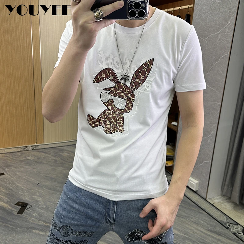 Short-sleeved T-shirt Men\'s 2023 Summer New Year Rabbit Print Fashion Male Tees Round-neck Top Bottom Shirt Man Clothing M-7XL