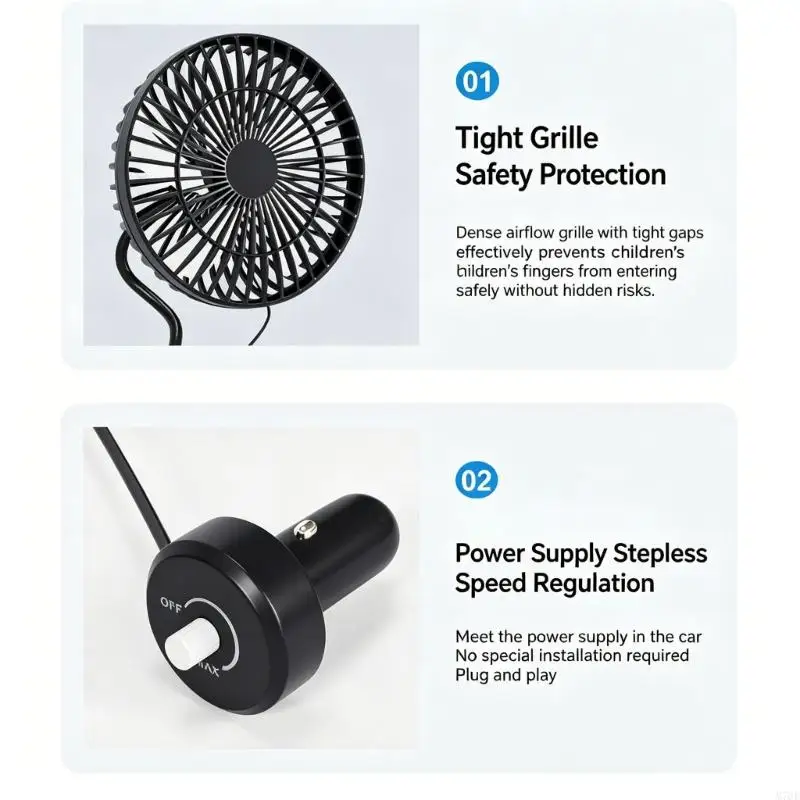 M76E Car Cabin Air Circulation Fan for Daily Driving Comfort, 8 Inch Mounted Cooling Fan with Black Grille Head Design