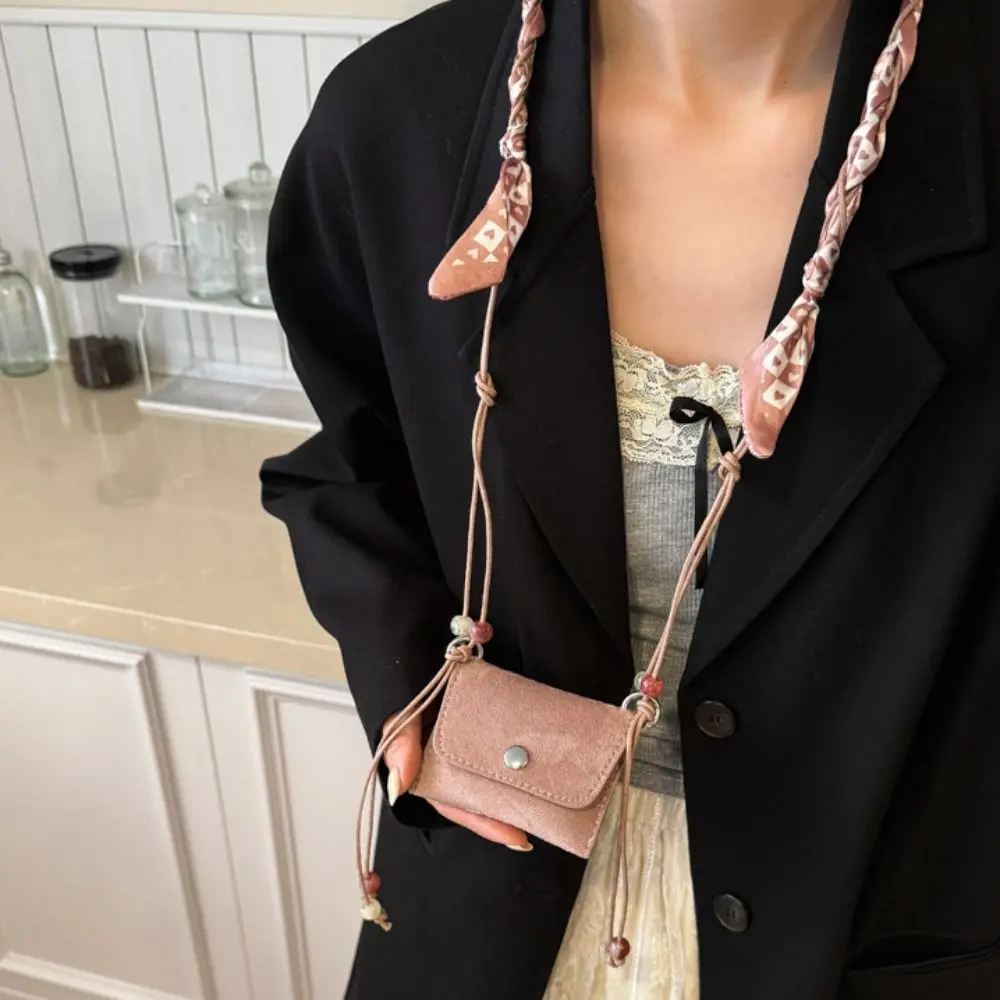 Silk Scarf Suede Crossbody Bag Pu Leather Beads Mini Saddle Bag Lightweight Shoulder Pouch Square Mini Bag