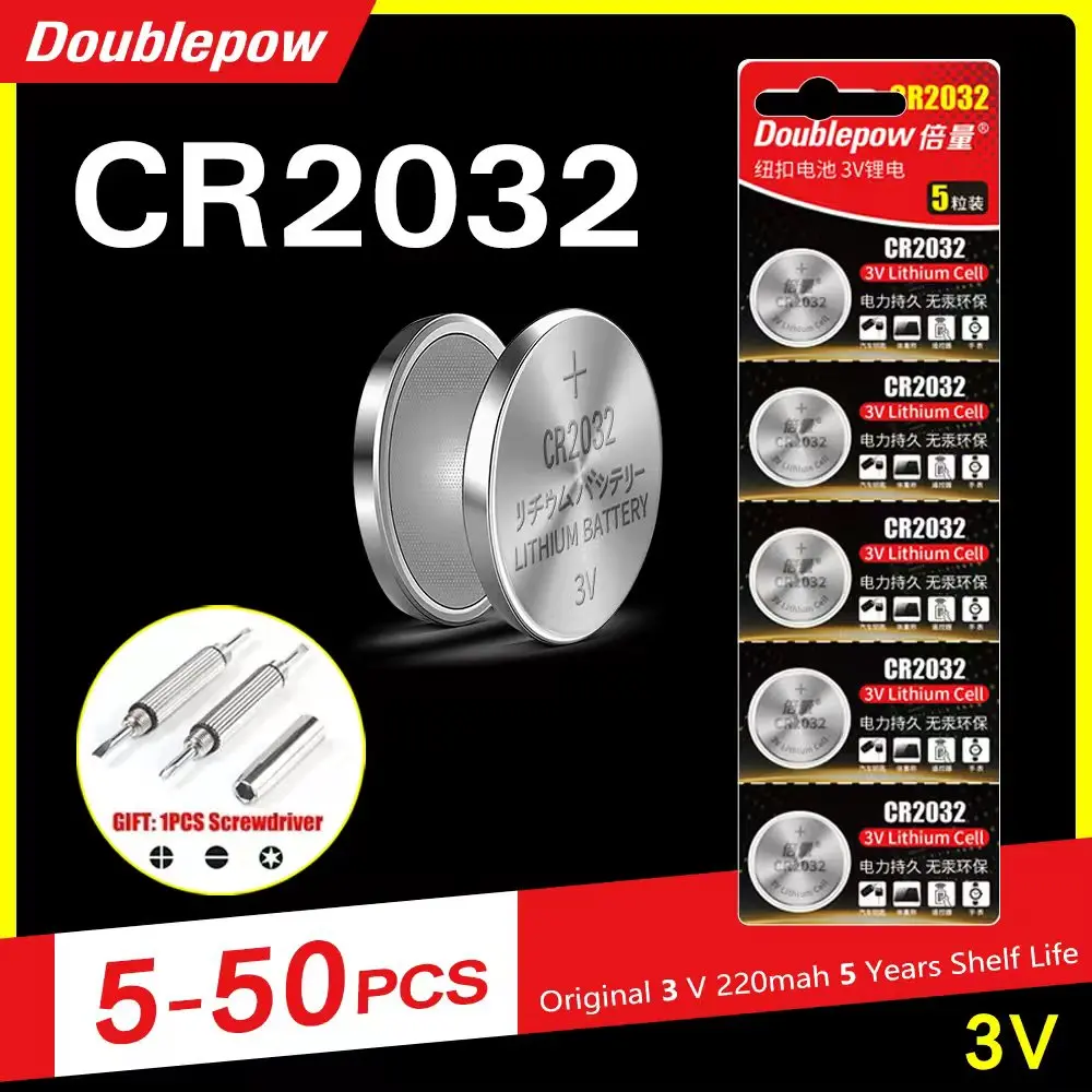 Doublepow Original GPCR2032 ECR2032 CL2032 CR2032 3V Lithium Battery 5-50pcs for Watch, Toys, Car Key, Calculator +Screwdriver
