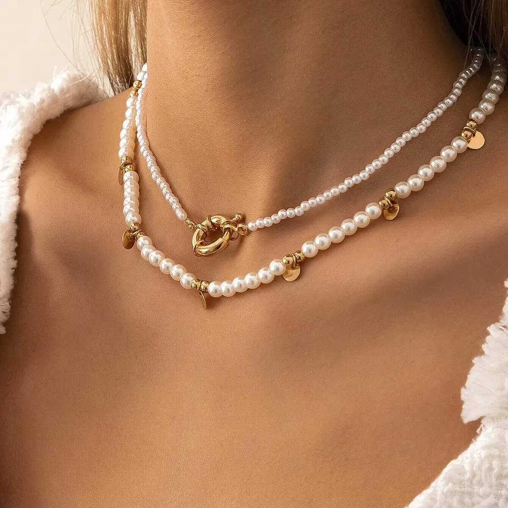Boho Fashion Multilayer Color Bead Artificial Pearl Chain Necklace For Women Female Vintage Sailor Buckle Sequin Pendant Jewelry
