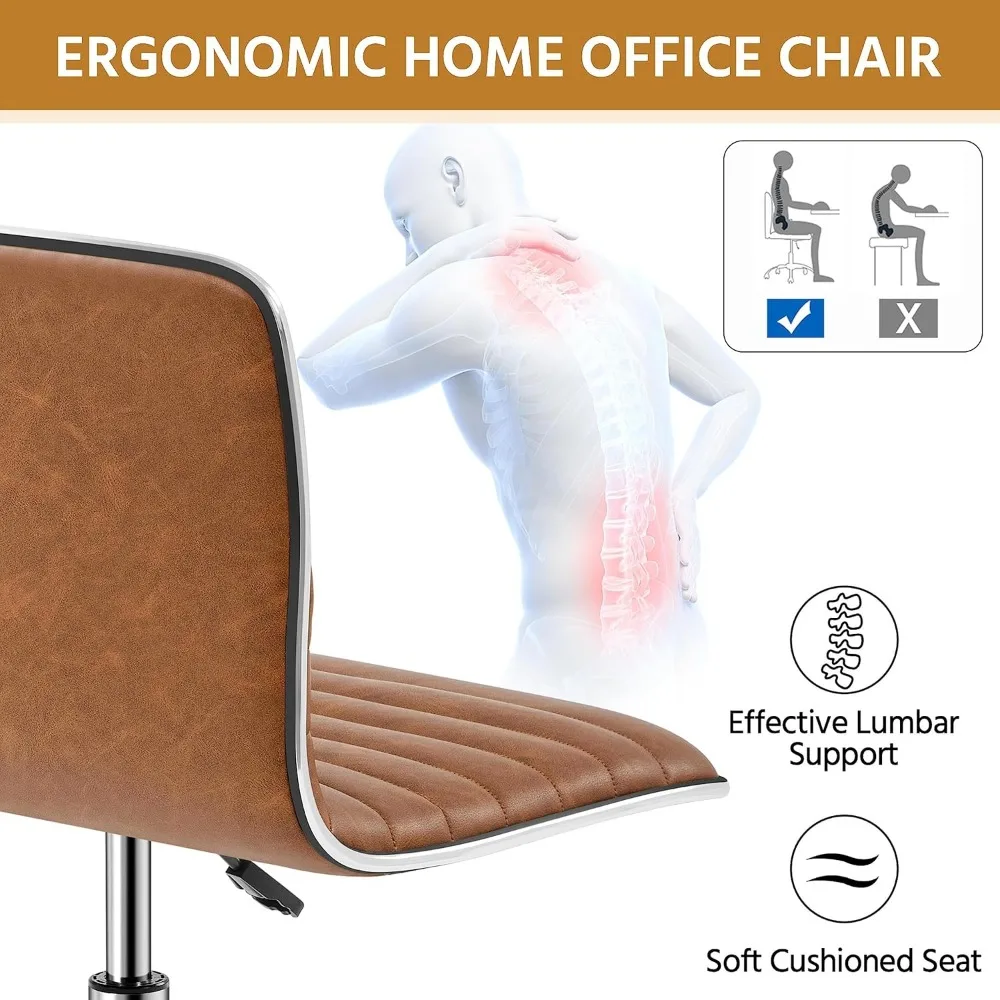 Low Back PU Leather Ribbed Armless Office Chair, Ergonomic Swivel Computer Task Chair with Wheels for Office, Home