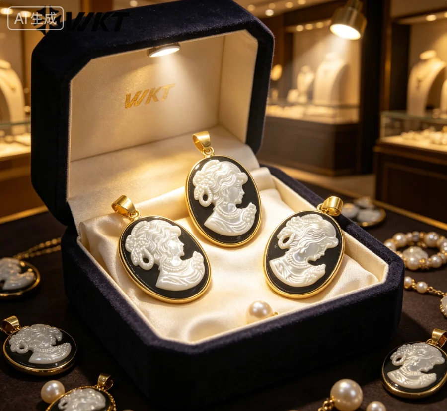 WT-JP268 Wholesale Fashion Gold Bezel Black Agates Back Ground The Beauty White Shell Pendant For Necklace Hand Carved Queen