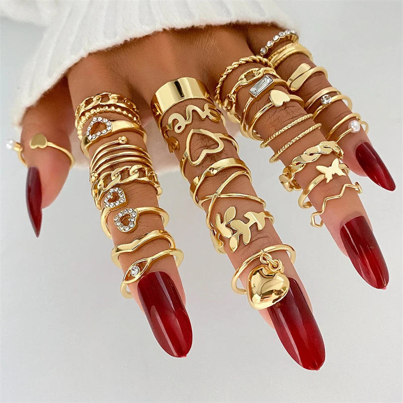 Vintage Goldfarben Zirkon Herz Schmetterling Hohlketten-Ringset Boho Simulierte Perlen Geometrische Ringe für Damen Schmuck – Detail 1