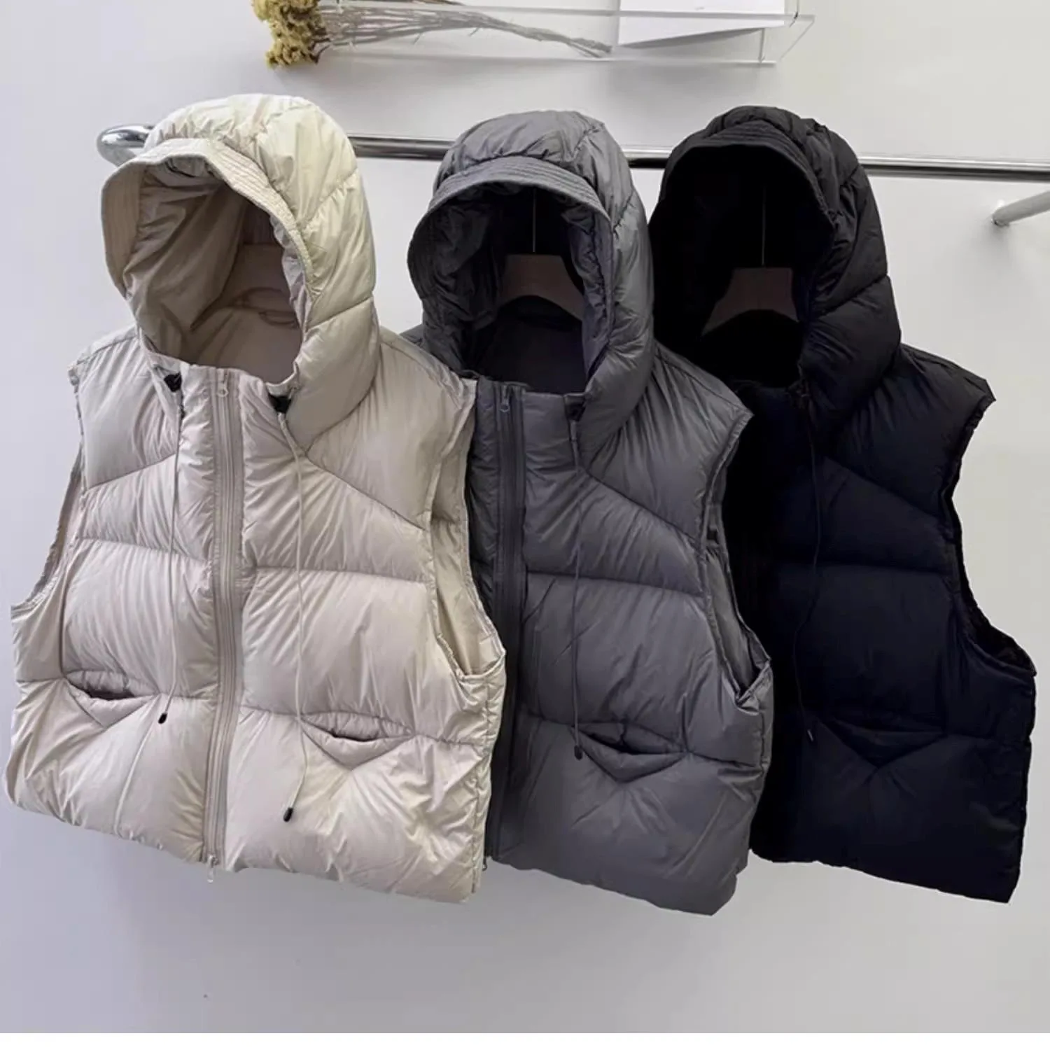 الأبيض بطة أسفل سترة منتفخة مقنعين صدرية جاكيتات الخريف الشتاء الدافئة كل مباراة جاكيت بلا إكمام فضفاضة عادية جيليه أبلى #1