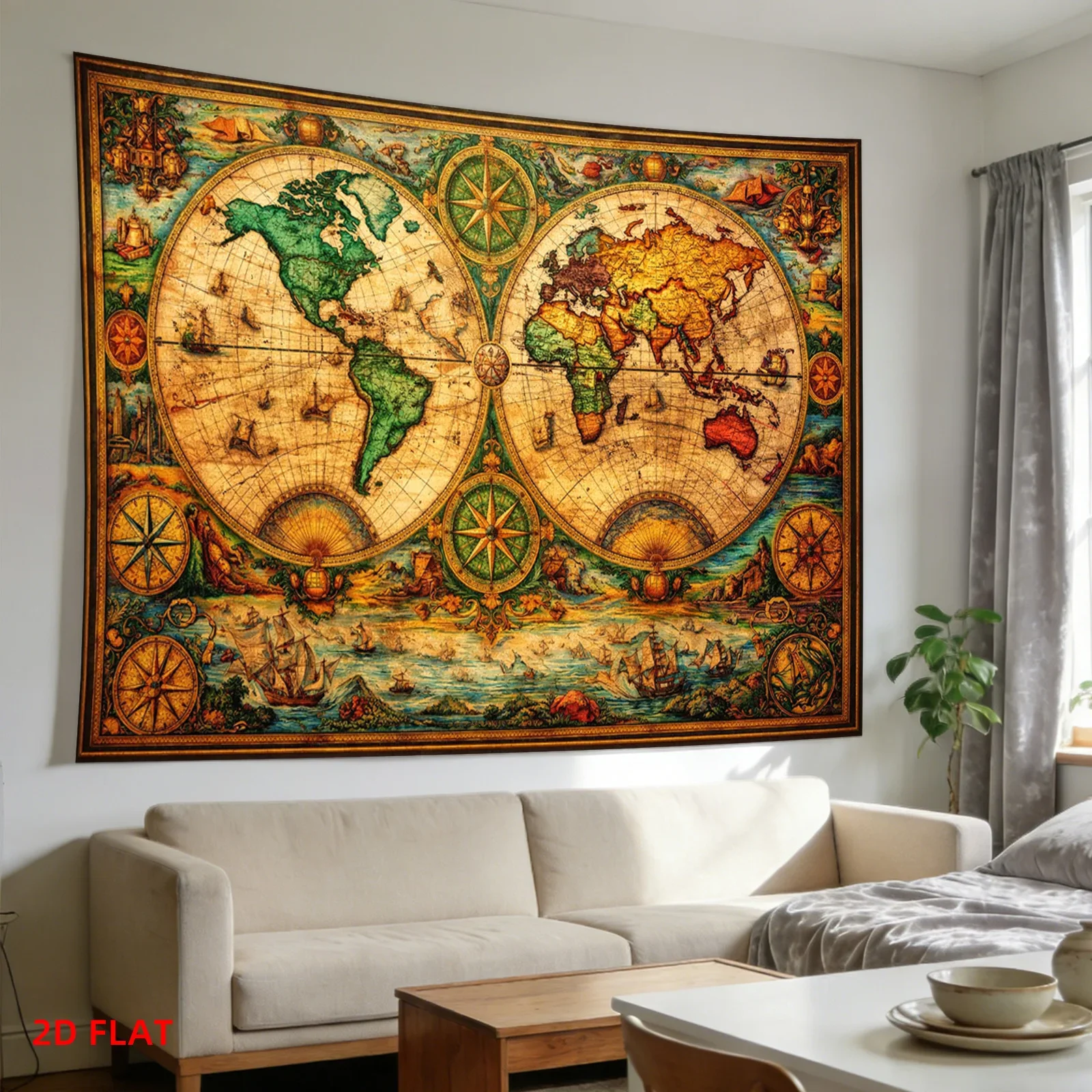 Massive Vintage World Map Tapestry Nautical Exploration Global Cartography Polyester Wall Art Bohemian Coastal Style House Decor