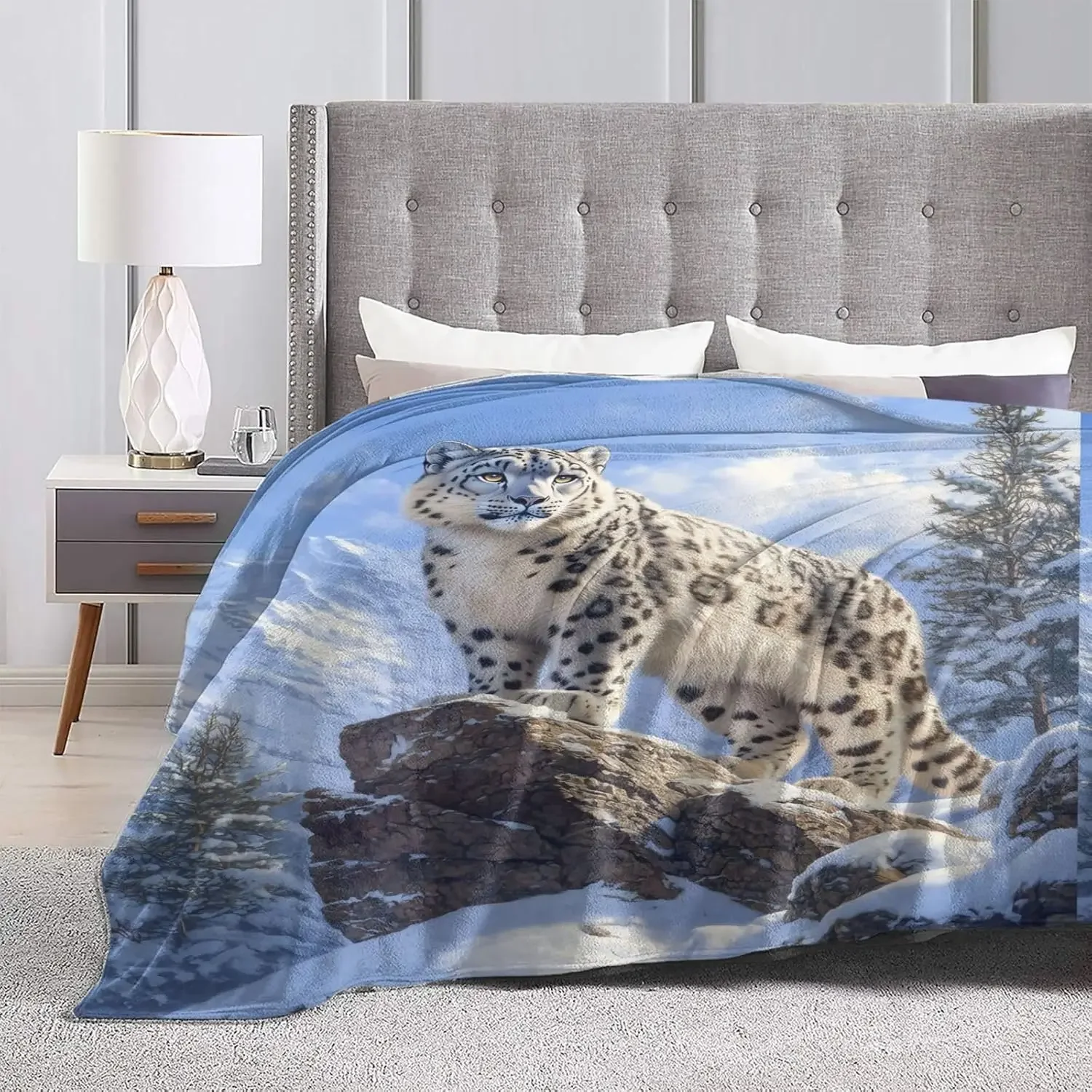 Snow Leopard Blanket for Adults Kids, Flannel Animal Snow Leopard Throw Blankets Decor for Bed Living Room Sofa Couch Traveling