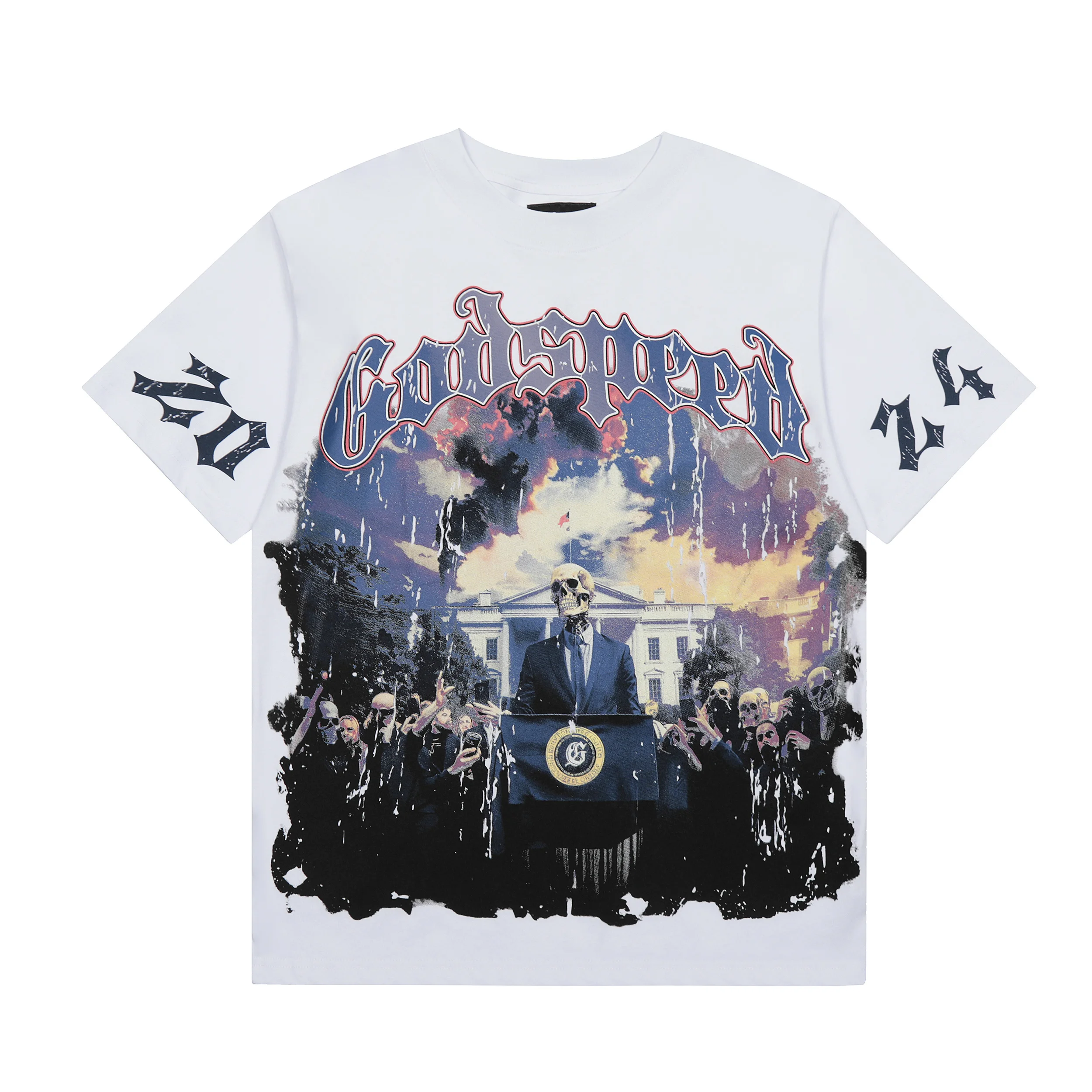 

Godspeed American Style Speech Skeleton Man Vintage Washed High Street Hip Hop Loose Short Sleeve T-Shirt Pure Cotton Unisex