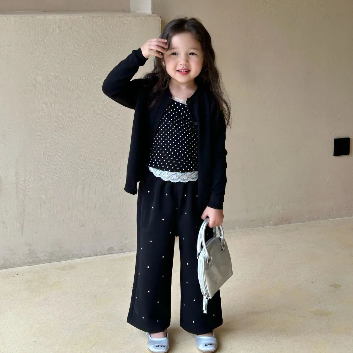 2024 Autumn New Children Clothing Korean Girls Cotton Sweater Cardigan Coat Knitted Coat Polka Dot Sling Top Wide Leg Pants