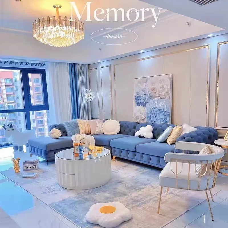 

Sofa American fabric light luxury size apartment living room corner advanced feeling cream wind arc French Internet celebrity co