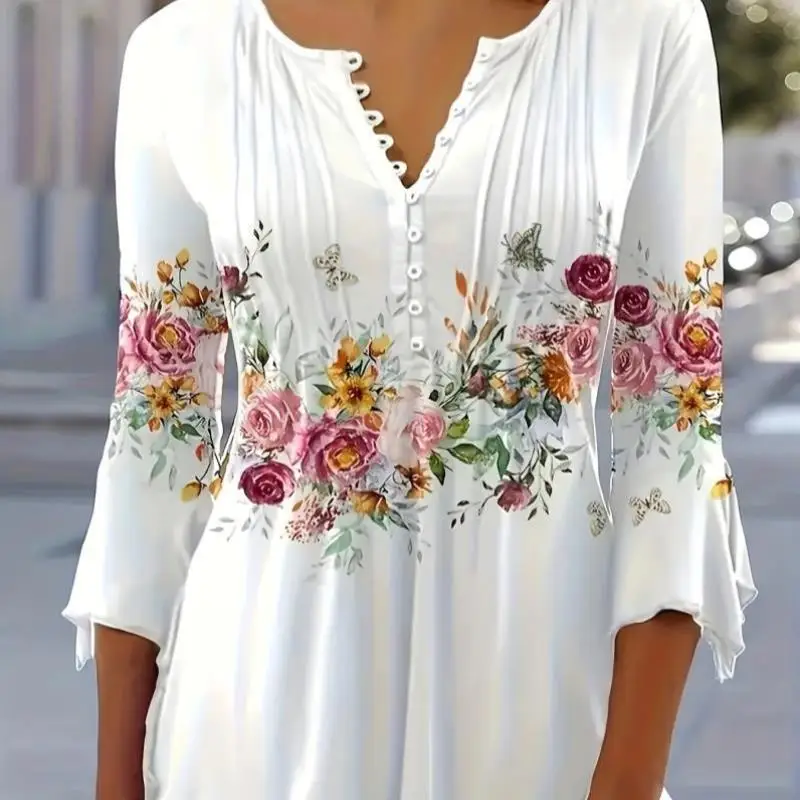 

Floral Print Casual irt Button Front Plain Collar Women's Polyester Princ Sve Thin Non-deformable No Sve Summer