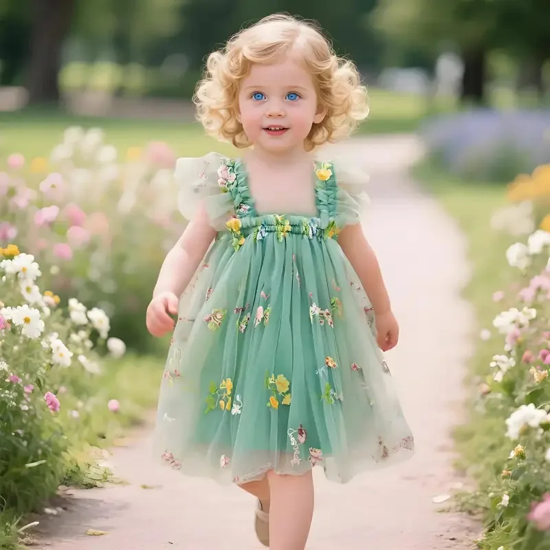 

XT82025 Summer Little Girl Petal Sleeve Sling Mesh Gown Cute Girl Dress Kids Birthday Bow Outfits Flower Girl Wedding PartyXT6@!