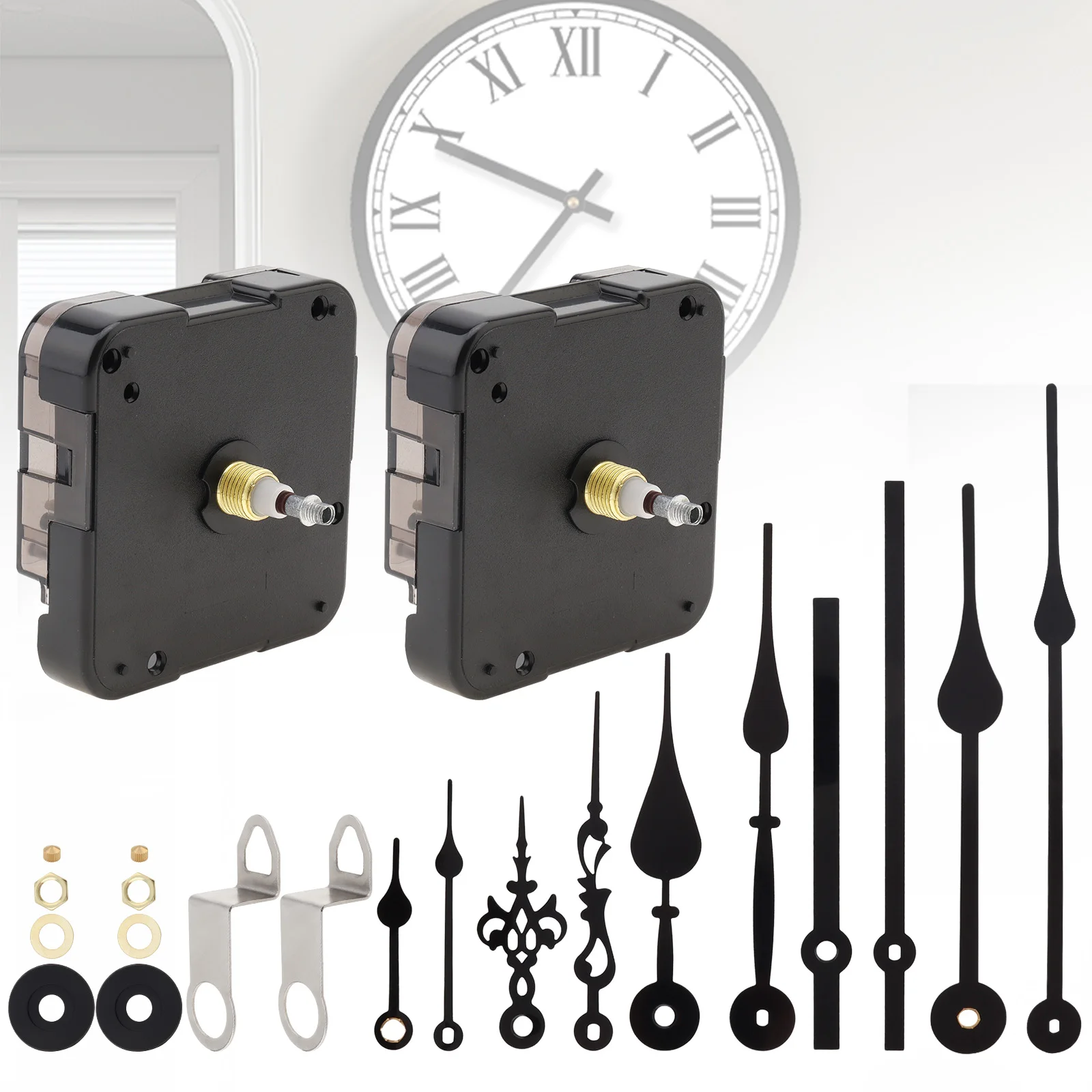 I Shaft 12888 Quartz High Torque Silent Wall Clock Movement Kit with 5 Pairs Hands and 2 Movements