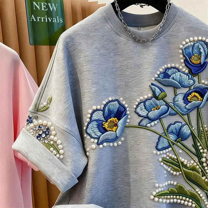 

High-end Bead Flower Embroidery Loose Short Sleeved T-shirt 2026 Summer New Lazy Style Casual Top Men's and Women's Clothing