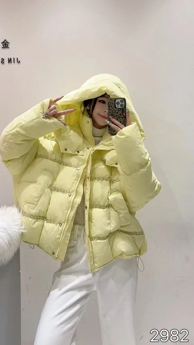 French Style Customized New Hand-sewn Diamond Gem Bread Parkas Women's Rose Red Hooded Thickened Loose Oversized Short Top Coats