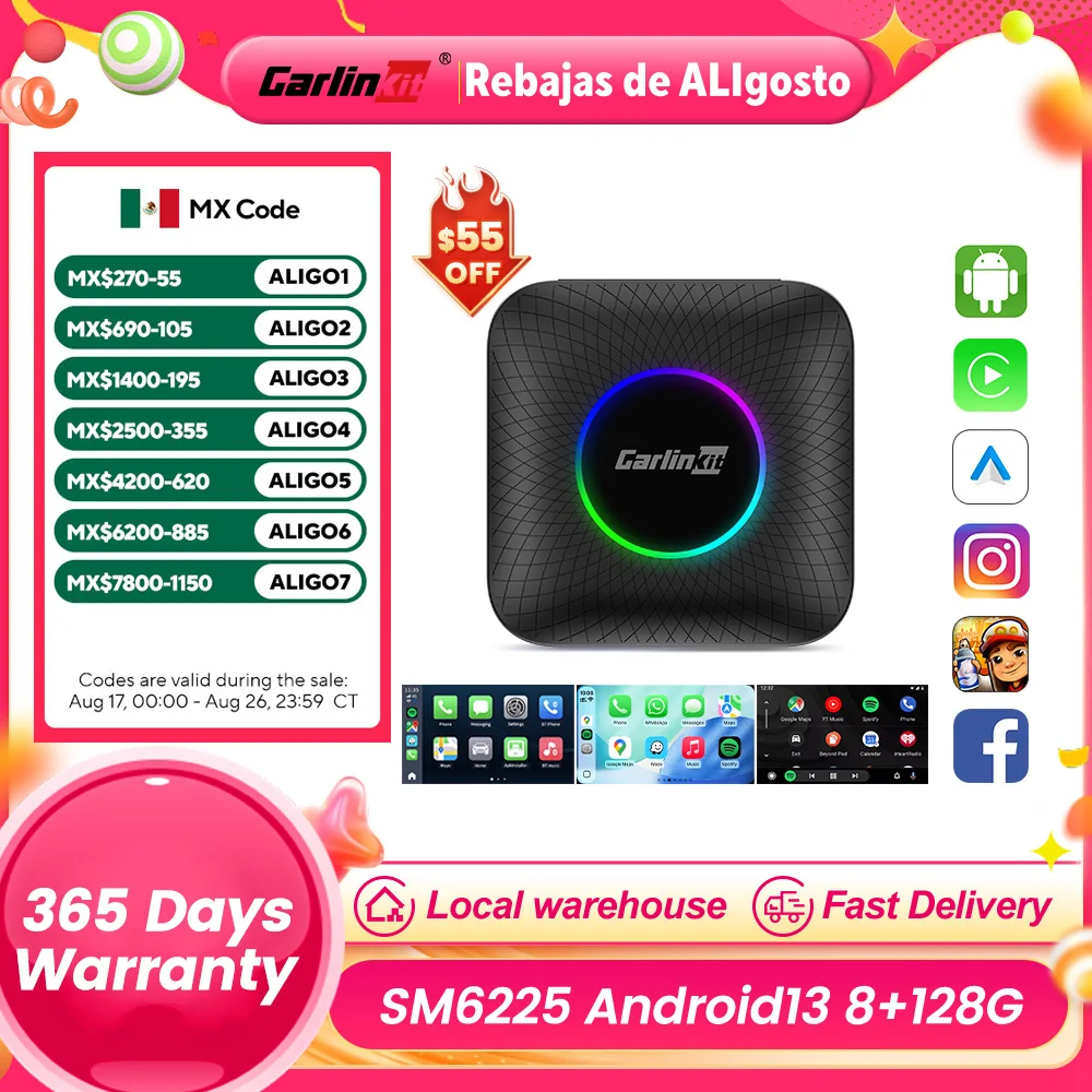Imagen de CarlinKit CarPlay Ai Box Android 13 SM6225 8 Núcleos 8G+128G Smart Android TV Box Compatible con CarPlay Inalámbrico y Android Auto, Soporta 512GB TF