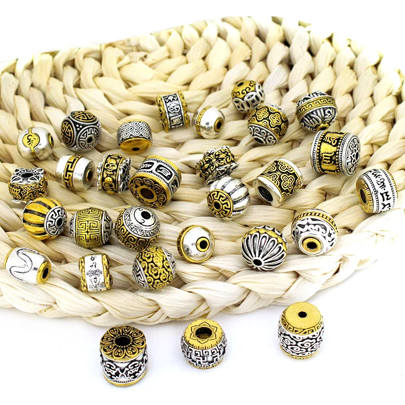 5 Stück tibetische antike silberfarbene Muster-Abstandsperlen, Metallperlen mit großem Loch für Armbänder, DIY-Schmuckherstellungszubehör – Detail 3