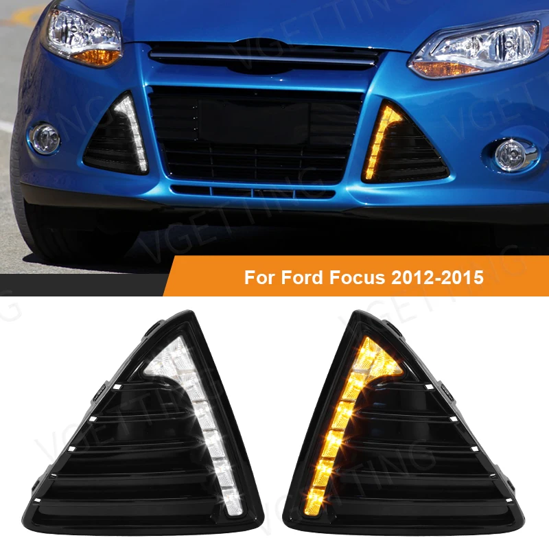 Car LED Daytime Running Lights DRL For Ford Focus 2012 2013 2014 2015 Yellow White Fog Lamp Turn Signal Driving 12V Accessories