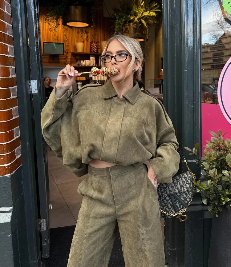 

Винтажная замшевая зеленая куртка-бомбер, женское свободное пальто с лацканами и длинными рукавами на молнии, осень 2024, женские универсальные пальто High Street