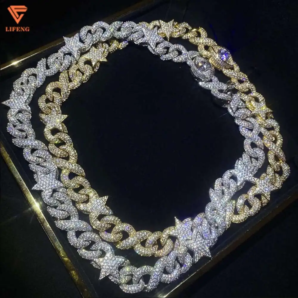 

Lifeng ювелирные изделия серебряные 2 тона 15 мм Майами искусственная кубинская цепь ожерелье со сверкающими хип-хоп Vvs Муассанит звезда очаровательные для мужчин женщин