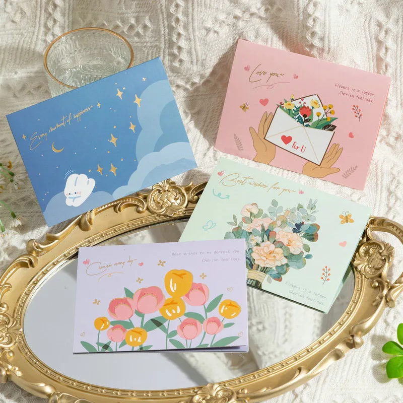 

4Pcs Mother's Day Fresh and Delicate Gold-Embossed Folded Flower Bouquet Greeting Card with Florist's Message Card and Envelope
