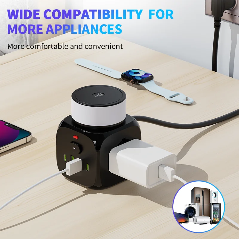Cube Power Strip with Touch Night Light, 3 Color Dimmable Bedside Lamp, 7 in 1 Multi Port EU Extension