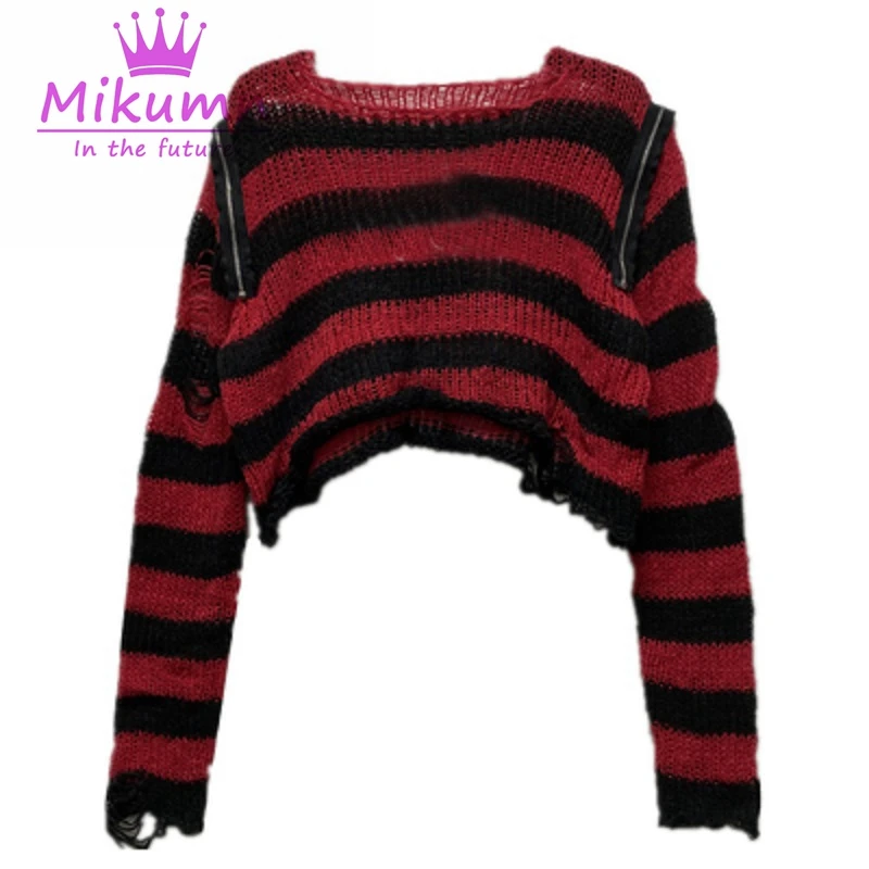 Harajuku Y2k Punk Rock Zipper Sexy Off Shoulder Sweaters Women Gothic Black Grey Red Stripes Broken Hole Loose Knitted Jumpers