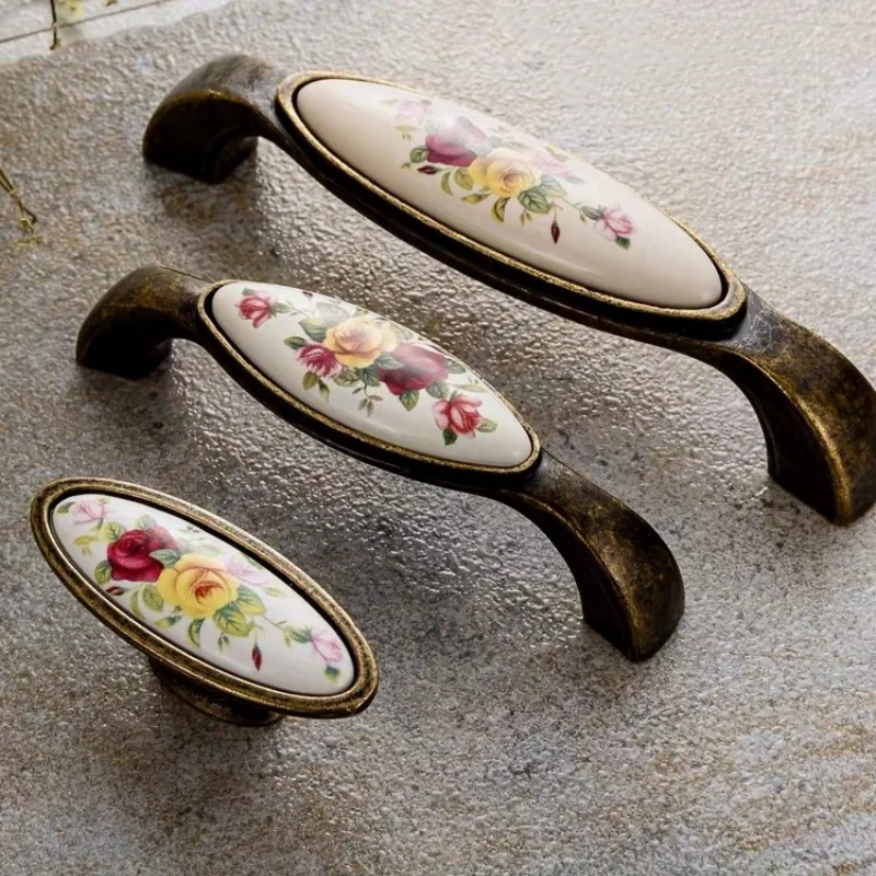 Vintage Ceramic Flower Kitchen Cabinet Handles Antique Cabinet Knobs And Handles Wardrobe Closet Pulls Retro Furniture Handless