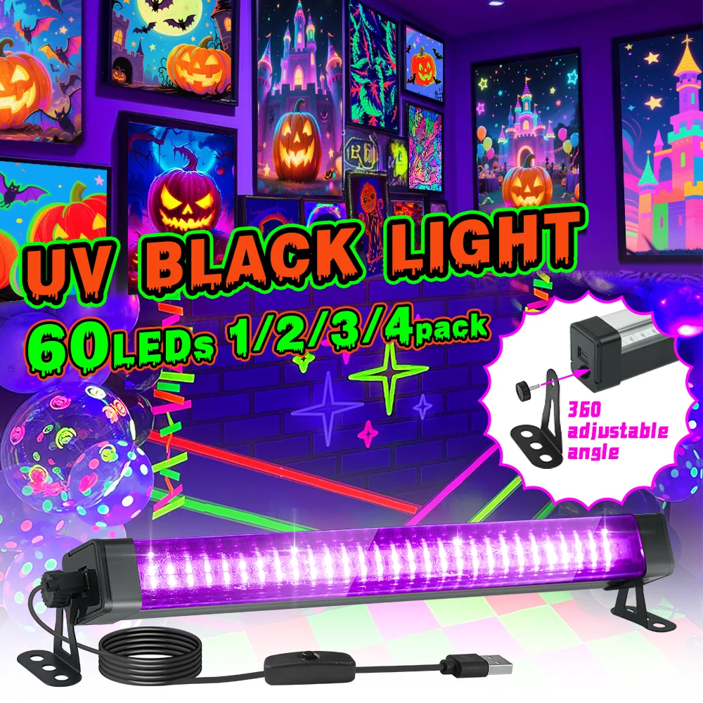 

60 LED Black Light Tube - with switch, 360 degree rotation, UV lamp for glow party, body art, Halloween, Christmas holiday