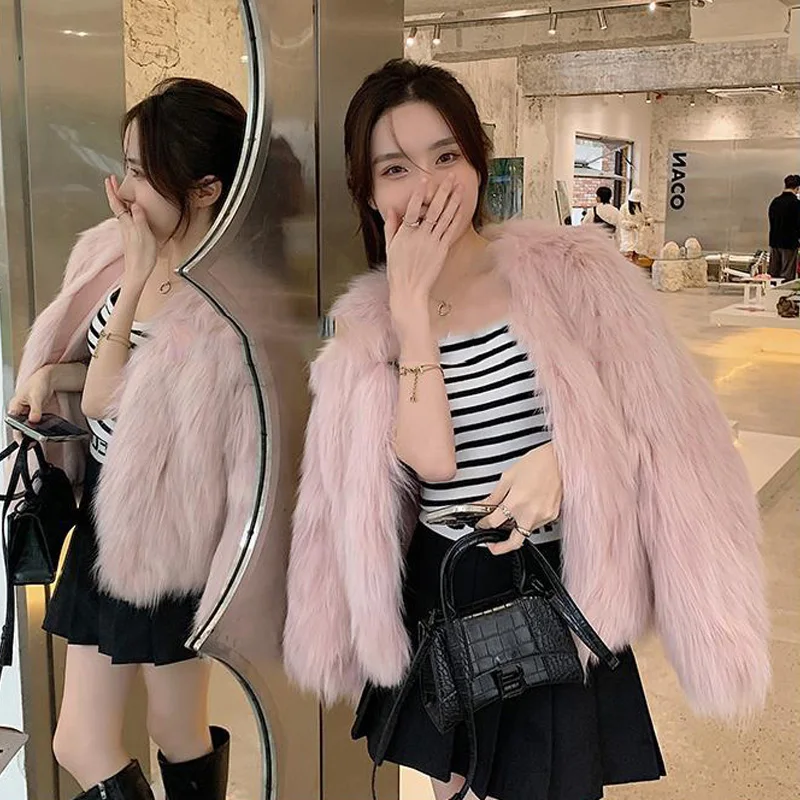 Faux Fur Coat Women Luxury Collarless Short Fur Outwear Winter Elegant Thick Artificial Fur Jacket Warm Shaggy Overcoat