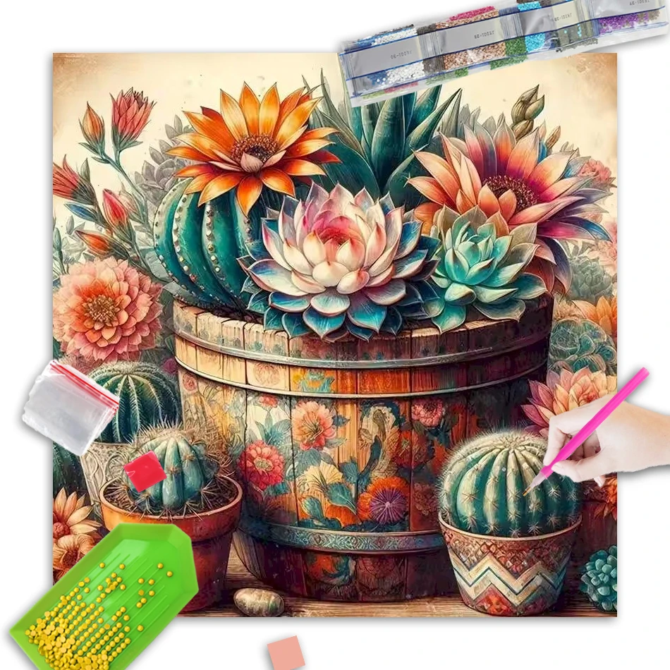 

GATYZTORY DIY Diamond Painting Cactus Full Square Round Mosaic Needlework Embroidery Flower Handicraft