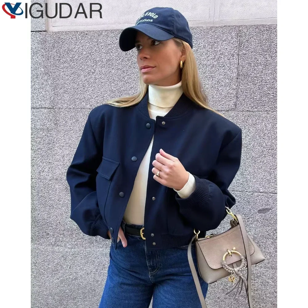 

2025 Spring Casual Bomber Jacket Women Fashion Single Breasted Cropped Outerwear Ladies Chic Street Pocket Coat womens clothing