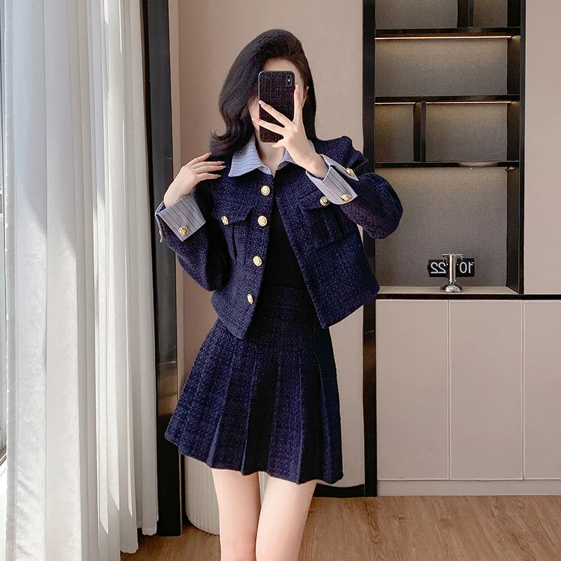 2024 autumn winter Small Fragrance Tweed Two Piece Set Women Short Jacket Coat + Skirt Suits Korean 2 Piece Sets Women Outfit