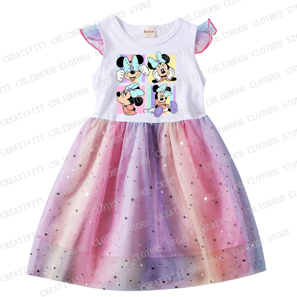 Minnie Children Girl Print Dress Disney Mickey Mouse Summer Dresses Princess Cartoons Casual Clothes Girls Gauze Kid Baby Gifts