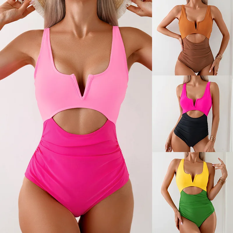 American Fashion New One-piece Swimsuit Women Quick-drying Spa Color Clashing Swimsuit Women Bikini