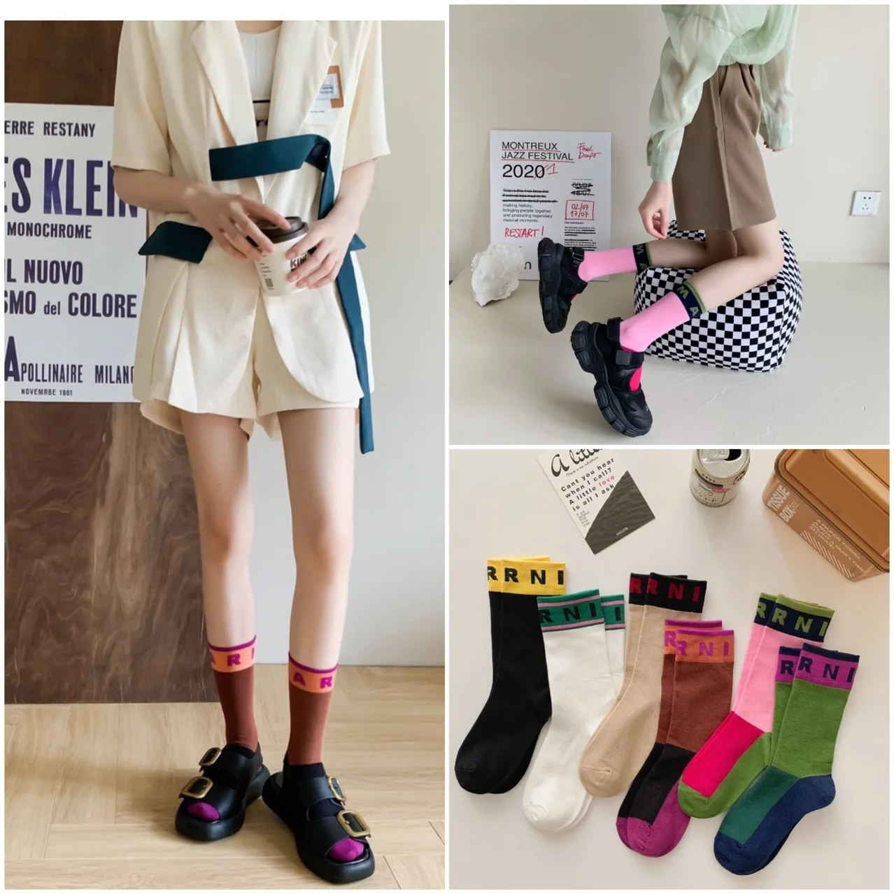 Spring and Summer New Fashion Socks Personality Simple Letter Lovely Colored Socks Breathable Soft Women's Cotton Medium Socks #