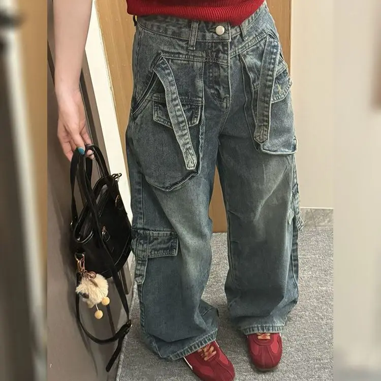 

Y2k Emo Multi-Pocket Oversize Cargo Denim Pants Women Summer Trendy Design Floor-Length Wide Leg Hip Hop Jeans Female Gothic