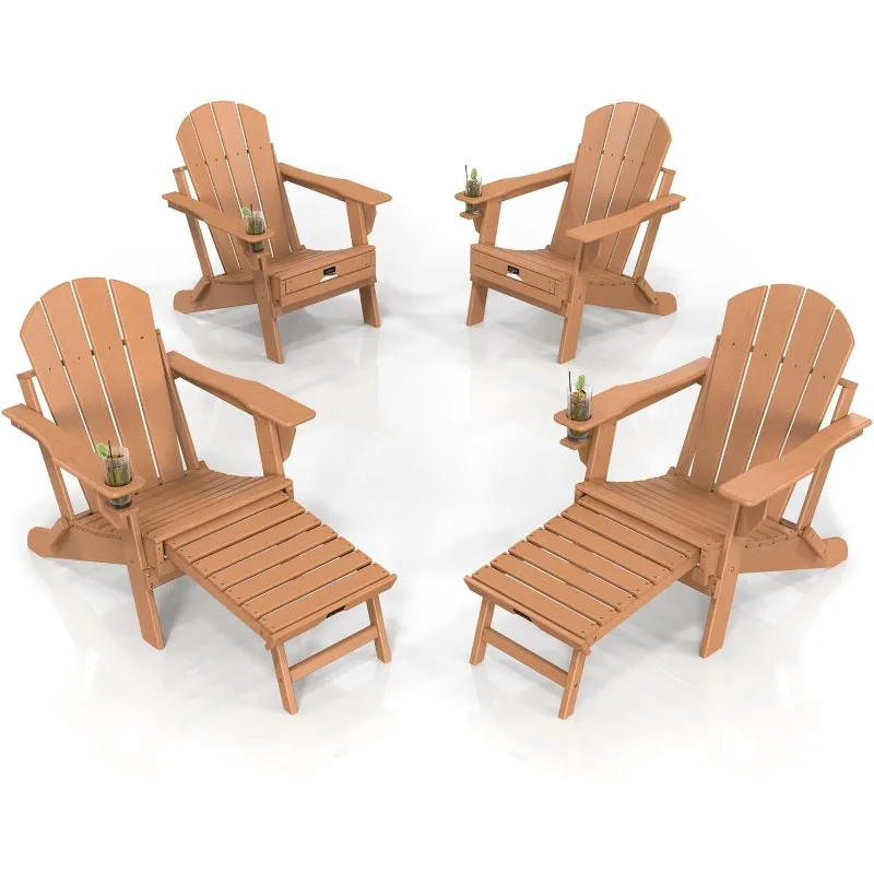 Folding Adirondack Chair Set of 4 with Ottoman, Waterproof Plastic HDPE Firepit Chair for Outside with Hidden Footrests